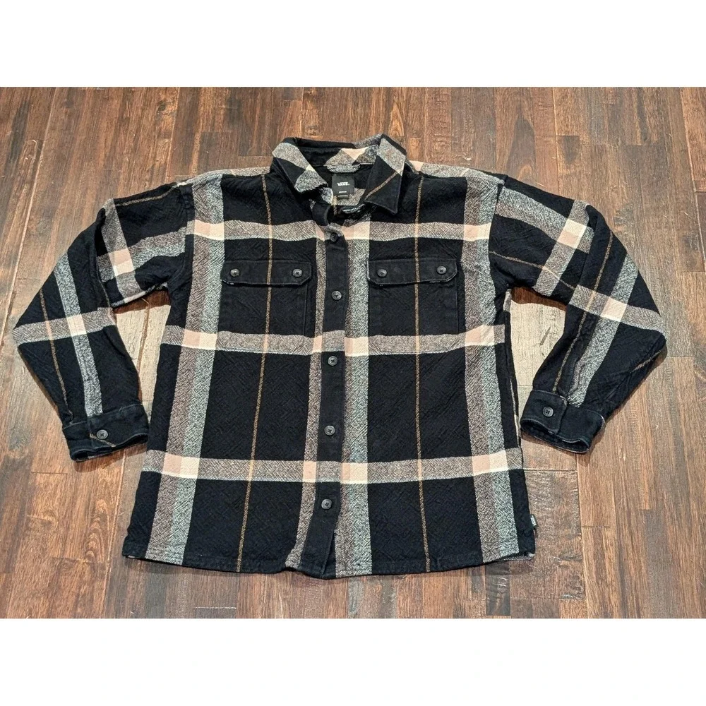 Vans Shirt Mens Medium Black Gray Plaid‎ Flannel Checked Heavy Buttons VN0A7R03